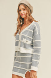 MABLE Plaid Button Down Sweater Cardigan and Mini Skirt Set Dusty Blue OutfitFlow